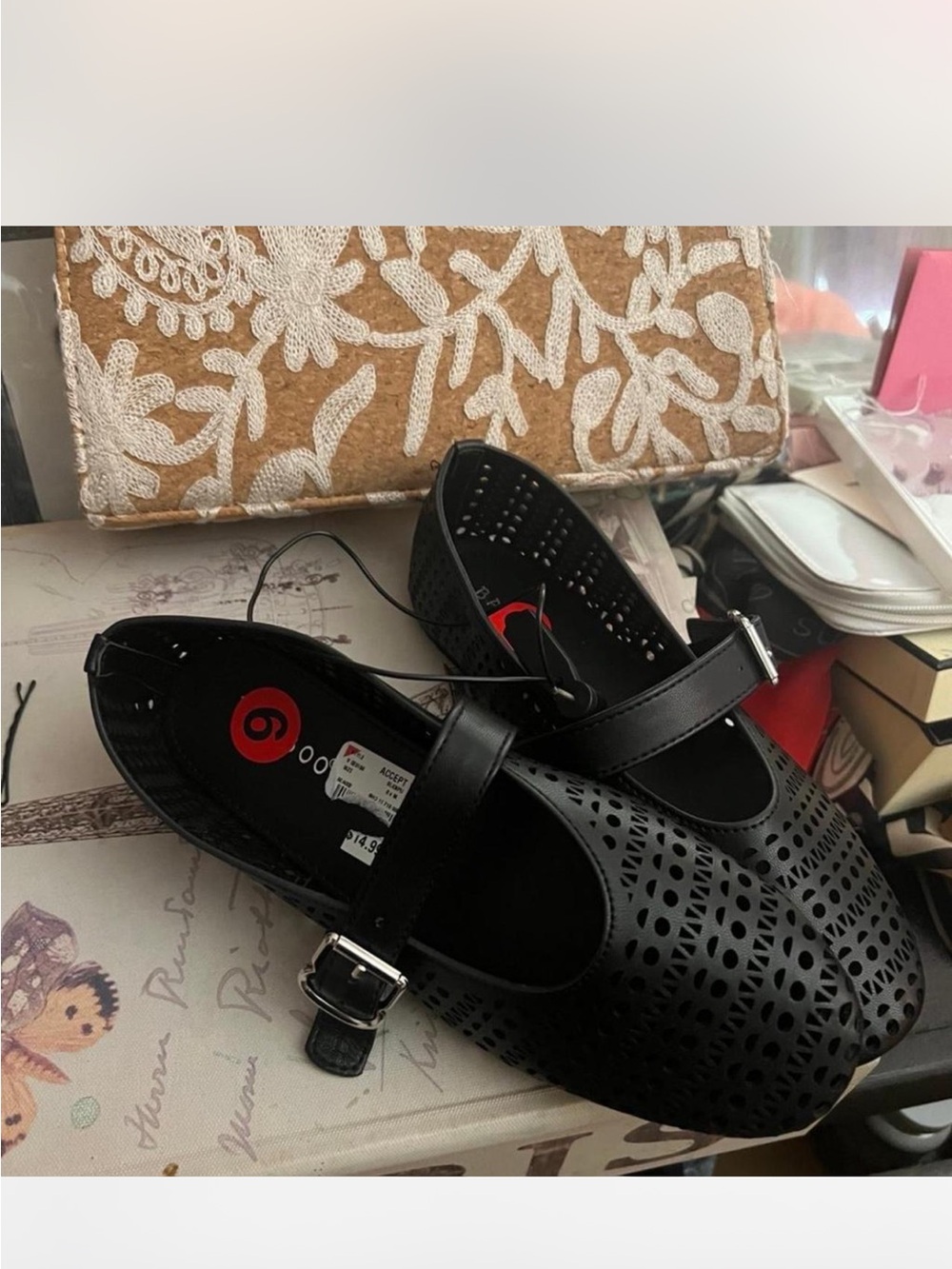 BAMBOO Black Laser-Cut Mary Jane Flats